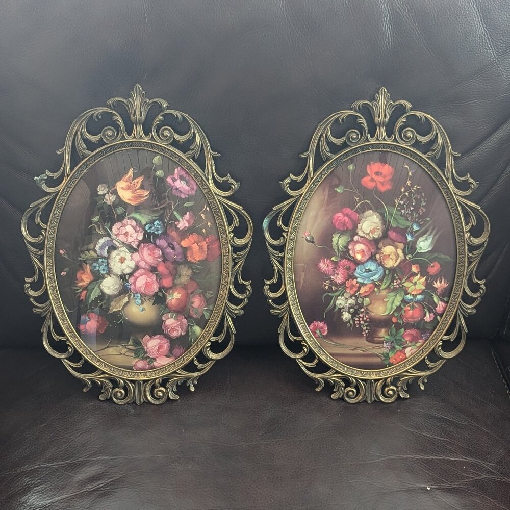 Vintage Brass Framed Domed Glass Floral Pictures
